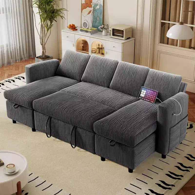 105-Inch Four-Seat Pull-Out Sofa Bed with Storage, Side Pockets, Adjustable Backrest, Convertible