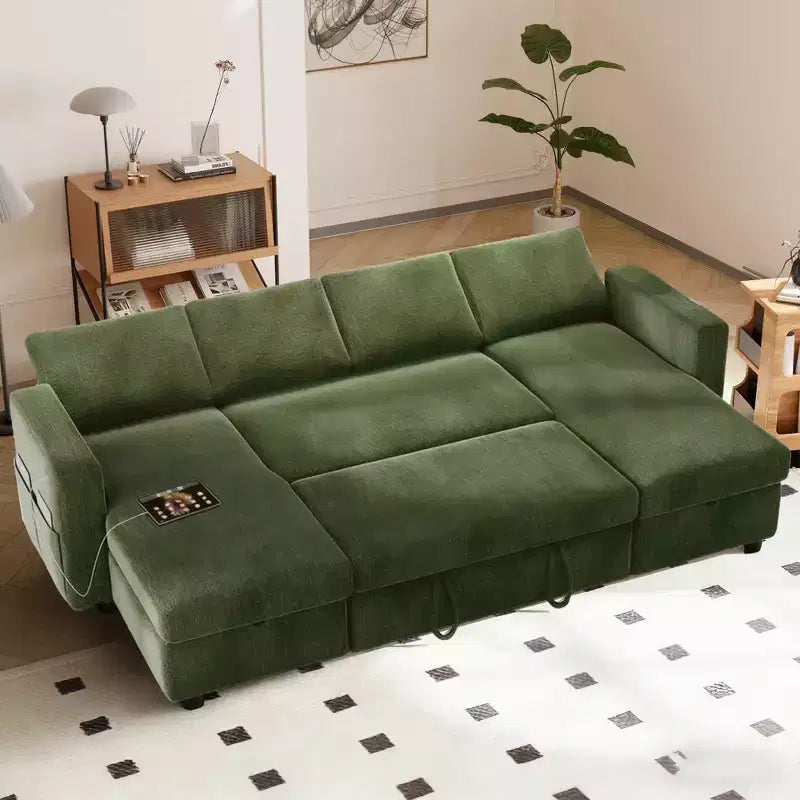 105-Inch Four-Seat Pull-Out Sofa Bed with Storage, Side Pockets, Adjustable Backrest, Convertible