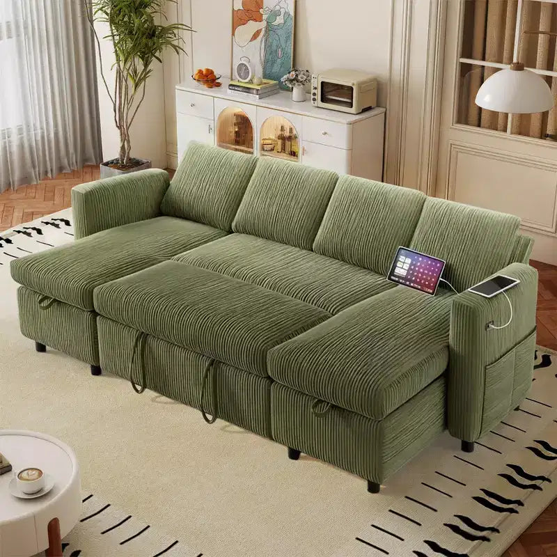 105-Inch Four-Seat Pull-Out Sofa Bed with Storage, Side Pockets, Adjustable Backrest, Convertible
