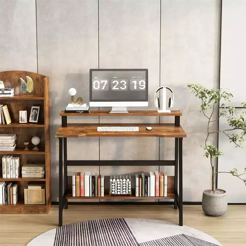 Computer Desk Desk Space Saving PC Laptop Table Office Table with Shelves 2-Tier Work Table with Monitor Stand Laptop Table for Small Rooms,Home