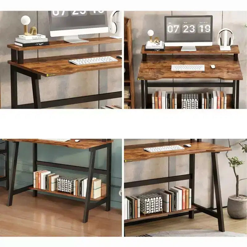 Computer Desk Desk Space Saving PC Laptop Table Office Table with Shelves 2-Tier Work Table with Monitor Stand Laptop Table for Small Rooms,Home