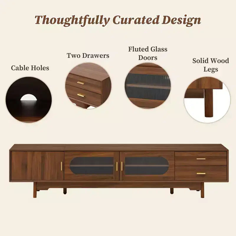 Modern Fluted TV Stand for TVs up to 85, 78 Wooden Entertainment Center with Storage Cabinet & 2 Drawers, TV Console Table for Living Room Bedroom