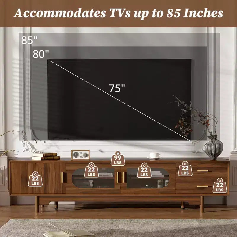Modern Fluted TV Stand for TVs up to 85, 78 Wooden Entertainment Center with Storage Cabinet & 2 Drawers, TV Console Table for Living Room Bedroom
