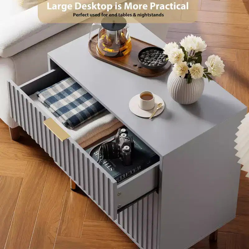 3 Drawer Dresser for Bedroom, 27W Wooden Chest of Drawers, Fluted Sofa Side Table Storage Cabinet, Dresser Narrow Nightstand for Living Room