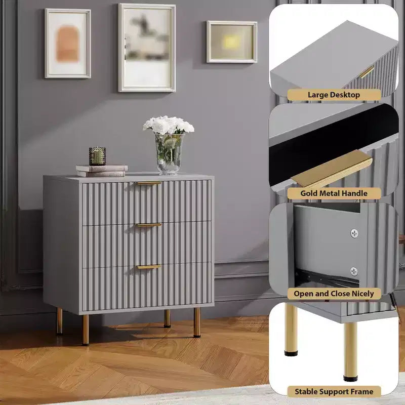3 Drawer Dresser for Bedroom, 27W Wooden Chest of Drawers, Fluted Sofa Side Table Storage Cabinet, Dresser Narrow Nightstand for Living Room