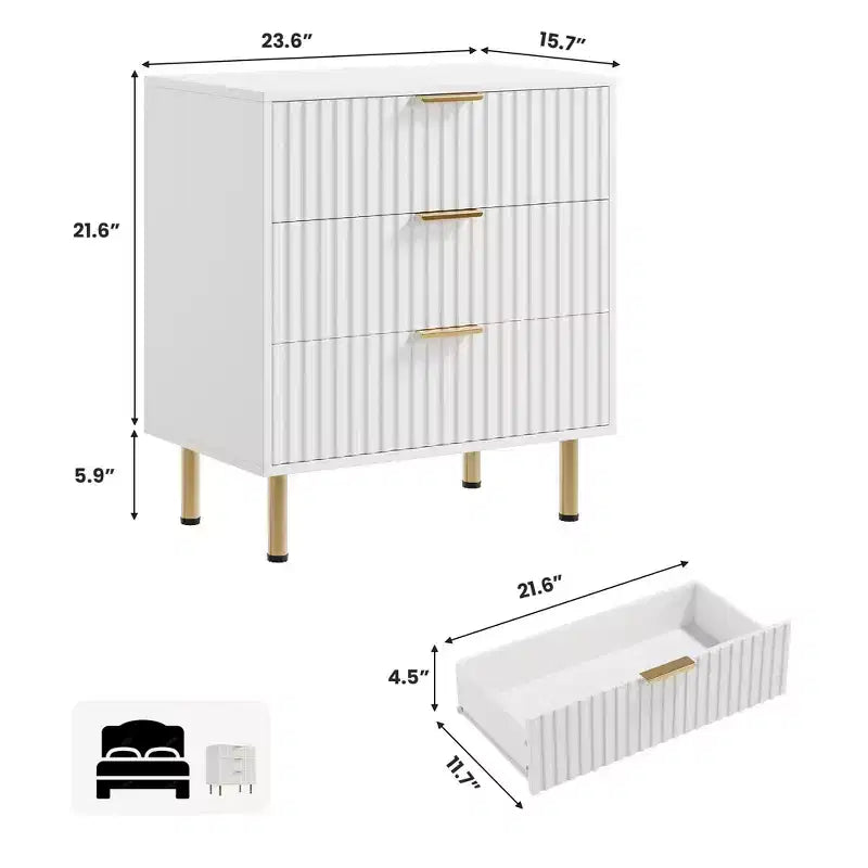 3 Drawer Dresser for Bedroom, 27W Wooden Chest of Drawers, Fluted Sofa Side Table Storage Cabinet, Dresser Narrow Nightstand for Living Room