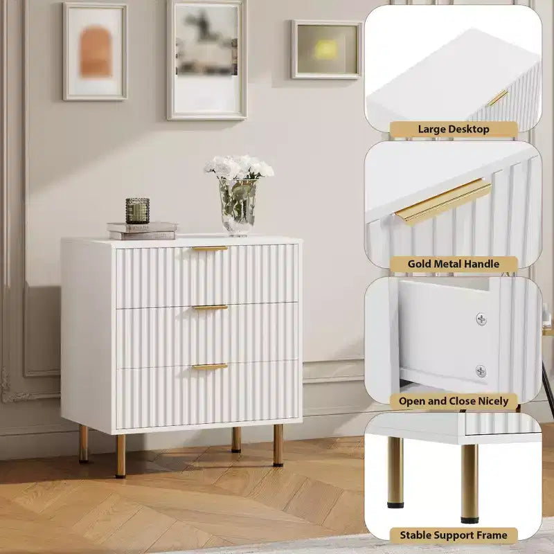 3 Drawer Dresser for Bedroom, 27W Wooden Chest of Drawers, Fluted Sofa Side Table Storage Cabinet, Dresser Narrow Nightstand for Living Room