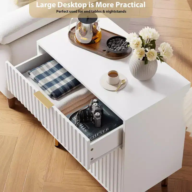 3 Drawer Dresser for Bedroom, 27W Wooden Chest of Drawers, Fluted Sofa Side Table Storage Cabinet, Dresser Narrow Nightstand for Living Room