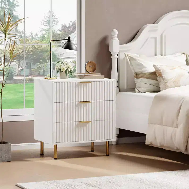3 Drawer Dresser for Bedroom, 27W Wooden Chest of Drawers, Fluted Sofa Side Table Storage Cabinet, Dresser Narrow Nightstand for Living Room
