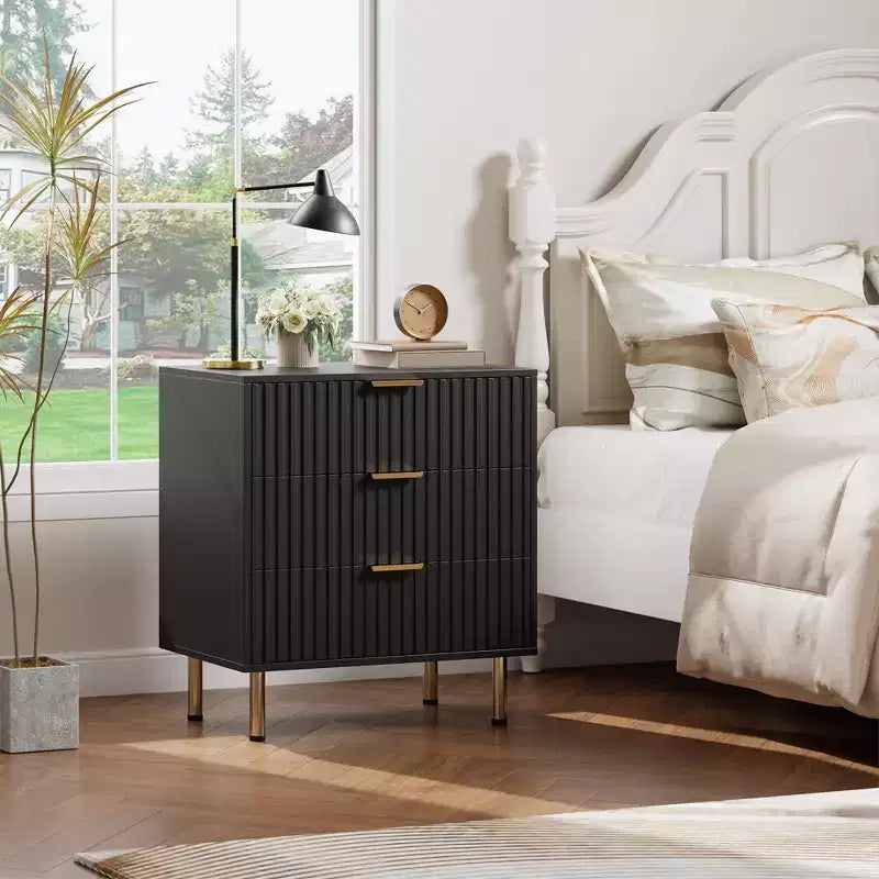3 Drawer Dresser for Bedroom, 27W Wooden Chest of Drawers, Fluted Sofa Side Table Storage Cabinet, Dresser Narrow Nightstand for Living Room