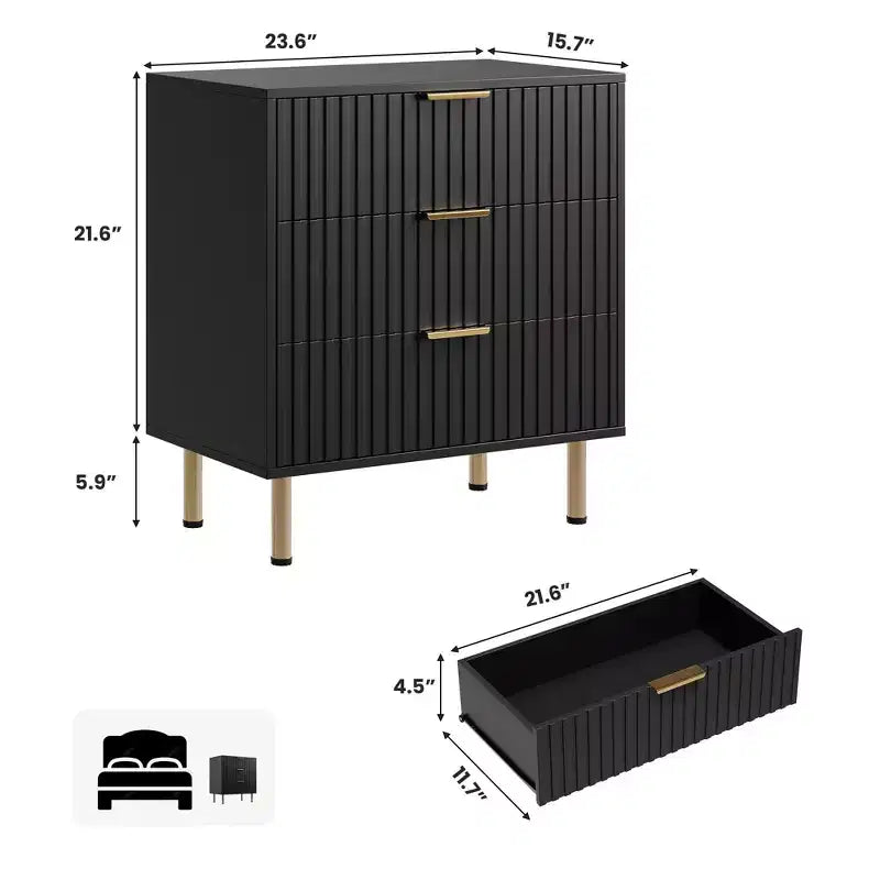 3 Drawer Dresser for Bedroom, 27W Wooden Chest of Drawers, Fluted Sofa Side Table Storage Cabinet, Dresser Narrow Nightstand for Living Room