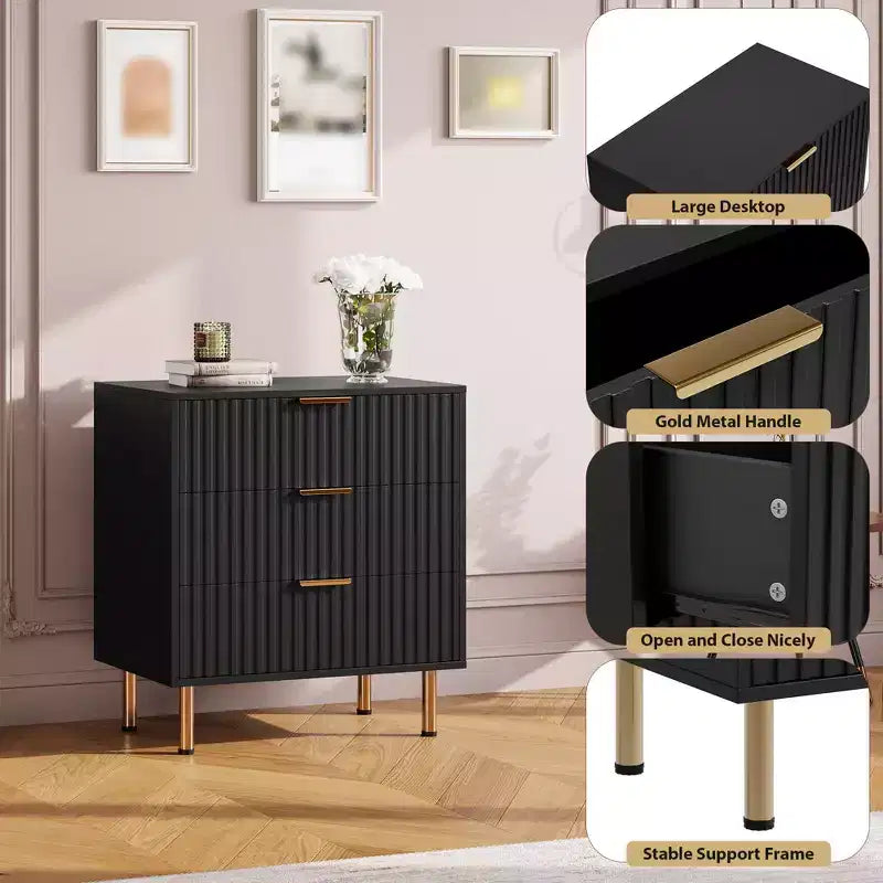 3 Drawer Dresser for Bedroom, 27W Wooden Chest of Drawers, Fluted Sofa Side Table Storage Cabinet, Dresser Narrow Nightstand for Living Room