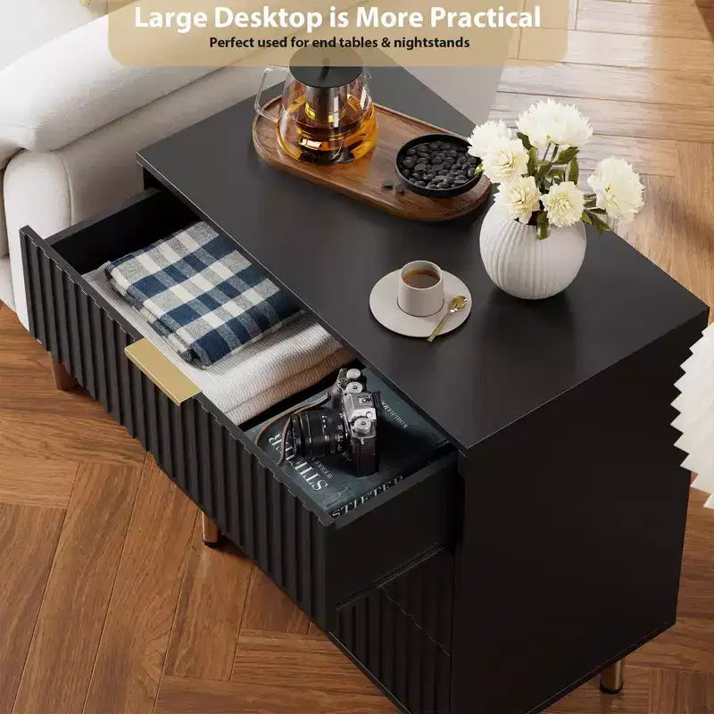 3 Drawer Dresser for Bedroom, 27W Wooden Chest of Drawers, Fluted Sofa Side Table Storage Cabinet, Dresser Narrow Nightstand for Living Room