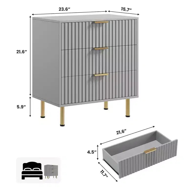 3 Drawer Dresser for Bedroom, 27W Wooden Chest of Drawers, Fluted Sofa Side Table Storage Cabinet, Dresser Narrow Nightstand for Living Room