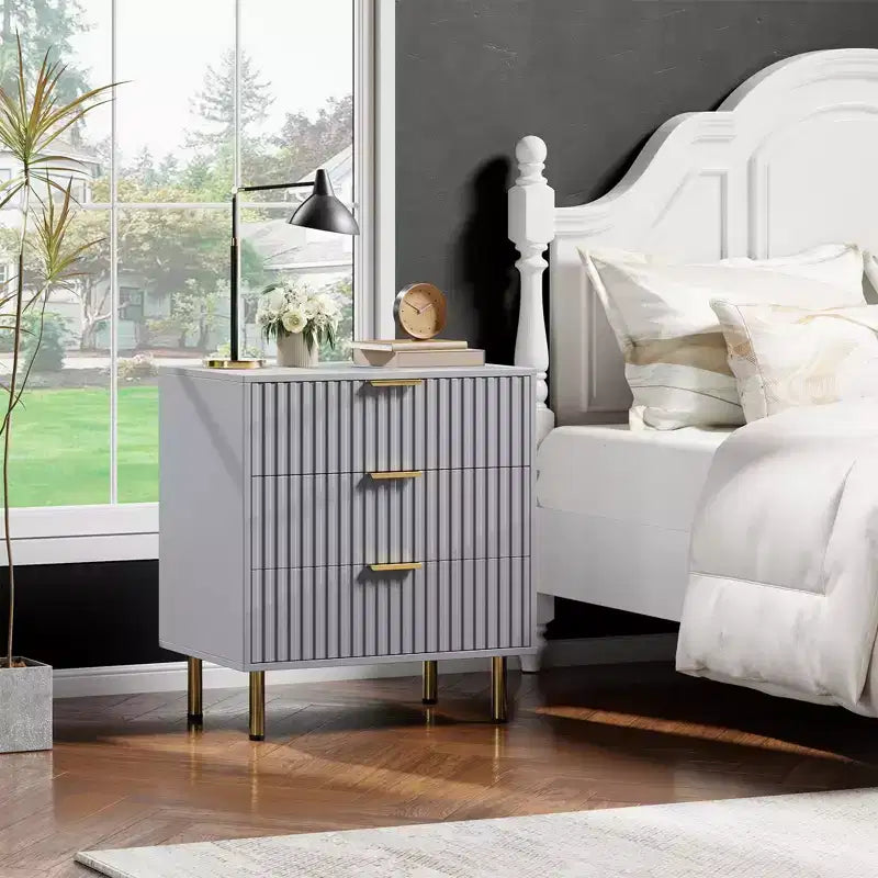 3 Drawer Dresser for Bedroom, 27W Wooden Chest of Drawers, Fluted Sofa Side Table Storage Cabinet, Dresser Narrow Nightstand for Living Room