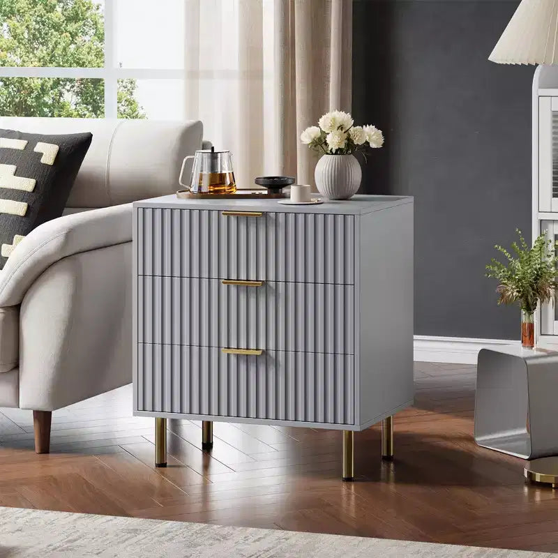 3 Drawer Dresser for Bedroom, 27W Wooden Chest of Drawers, Fluted Sofa Side Table Storage Cabinet, Dresser Narrow Nightstand for Living Room