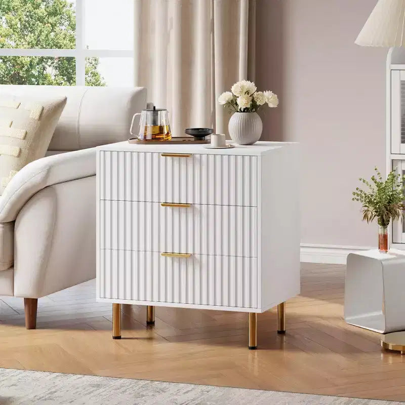 3 Drawer Dresser for Bedroom, 27W Wooden Chest of Drawers, Fluted Sofa Side Table Storage Cabinet, Dresser Narrow Nightstand for Living Room