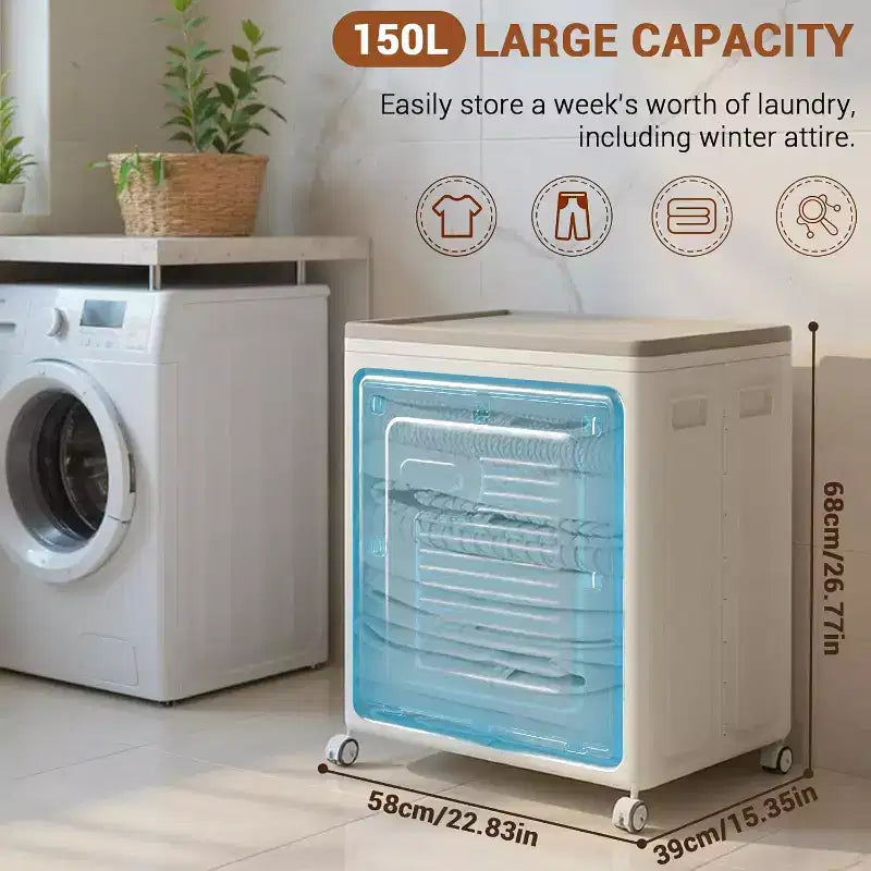 Panier à linge roulant avec couvercle, panier à linge en plastique pliable de grande capacité 150L avec roues, boîtes de rangement pliables et robustes