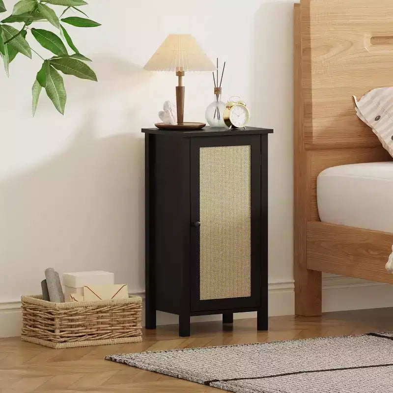 Farmhouse Nightstand,16 Inch Modern Boho Bedside Table with Large Drawer,Solid Wood Top & Metal Legs,End Table Accent Cabinet for Bedroom,Living Room