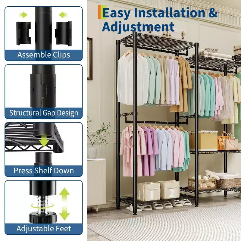 Heavy Duty Clothes Rack, 4 Hanging Rods, 1631 lbs Capacity, Freestanding Portable Closet Organizer, Black