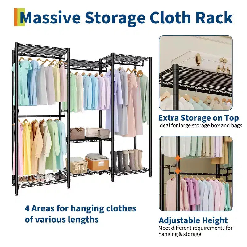 Heavy Duty Clothes Rack, 4 Hanging Rods, 1631 lbs Capacity, Freestanding Portable Closet Organizer, Black
