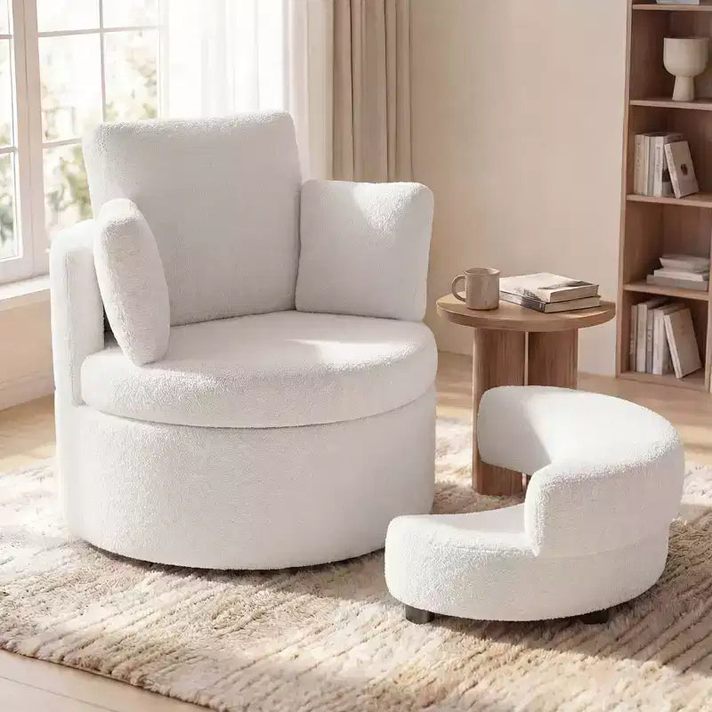 360 Swivel Accent Chair with Half Moon Storage Ottoman 3 Removable Pillows, Office White/Terracotta