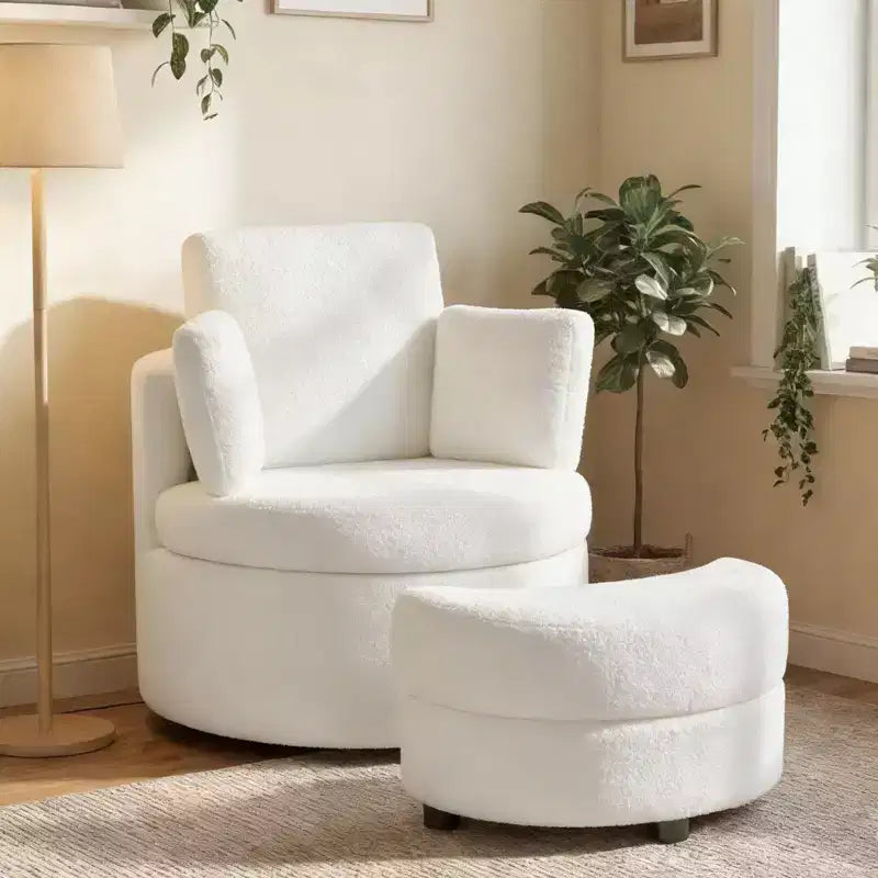 360 Swivel Accent Chair with Half Moon Storage Ottoman 3 Removable Pillows, Office White/Terracotta
