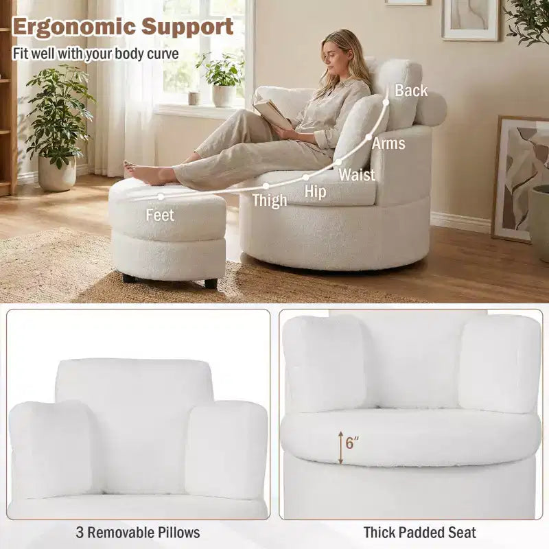 360 Swivel Accent Chair with Half Moon Storage Ottoman 3 Removable Pillows, Office White/Terracotta