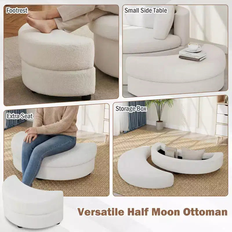 360 Swivel Accent Chair with Half Moon Storage Ottoman 3 Removable Pillows, Office White/Terracotta