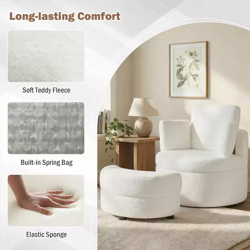 360 Swivel Accent Chair with Half Moon Storage Ottoman 3 Removable Pillows, Office White/Terracotta
