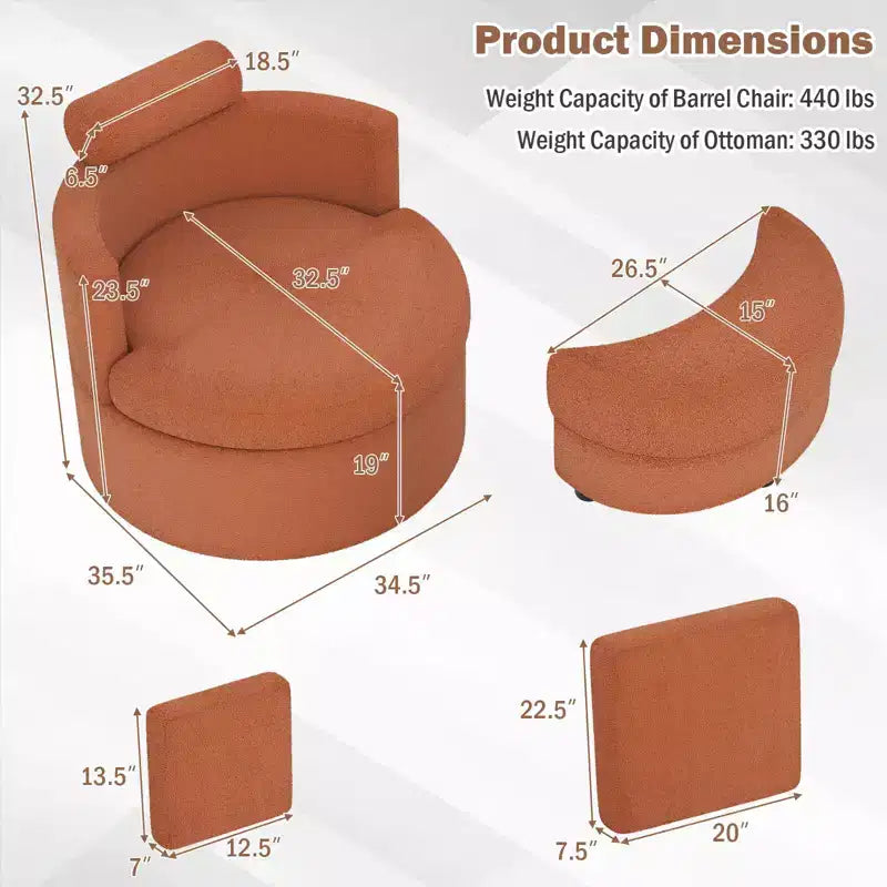 360 Swivel Accent Chair with Half Moon Storage Ottoman 3 Removable Pillows, Office White/Terracotta