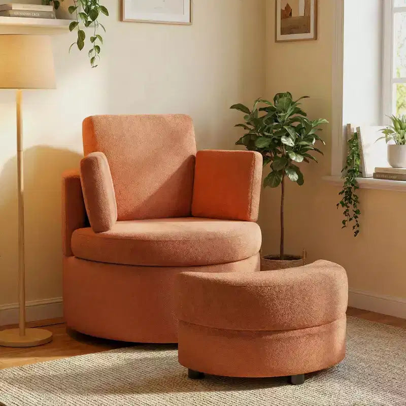 360 Swivel Accent Chair with Half Moon Storage Ottoman 3 Removable Pillows, Office White/Terracotta