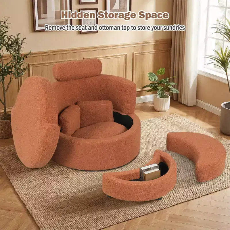 360 Swivel Accent Chair with Half Moon Storage Ottoman 3 Removable Pillows, Office White/Terracotta