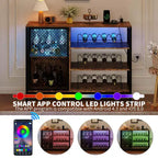 42 Industrial Coffee Bar Cabinet with LED Lights, Power Outlets & Glass Storage for Home & Dining Room
