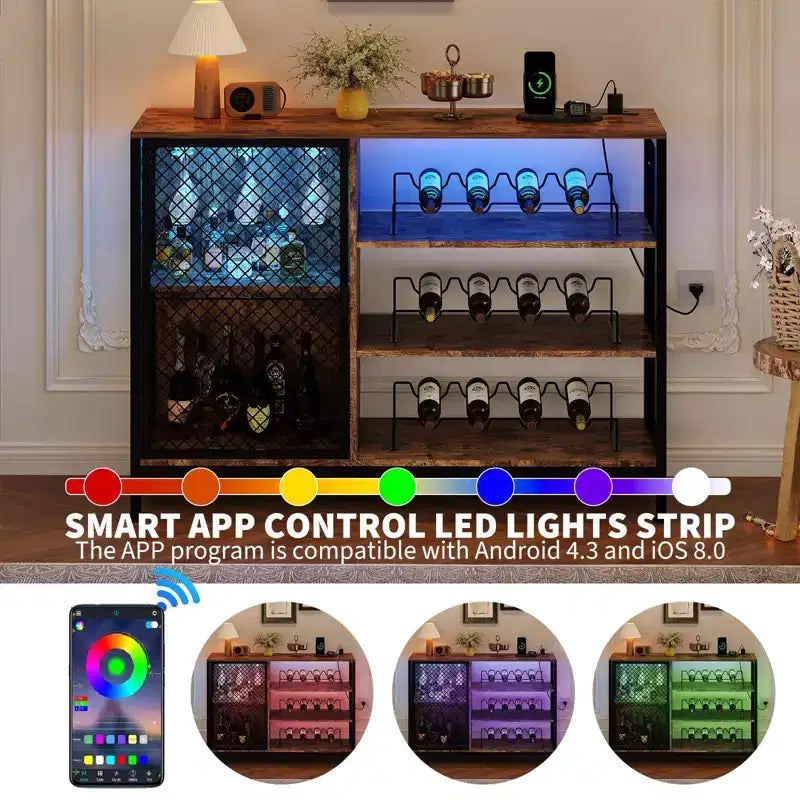 42 Industrial Coffee Bar Cabinet with LED Lights, Power Outlets & Glass Storage for Home & Dining Room