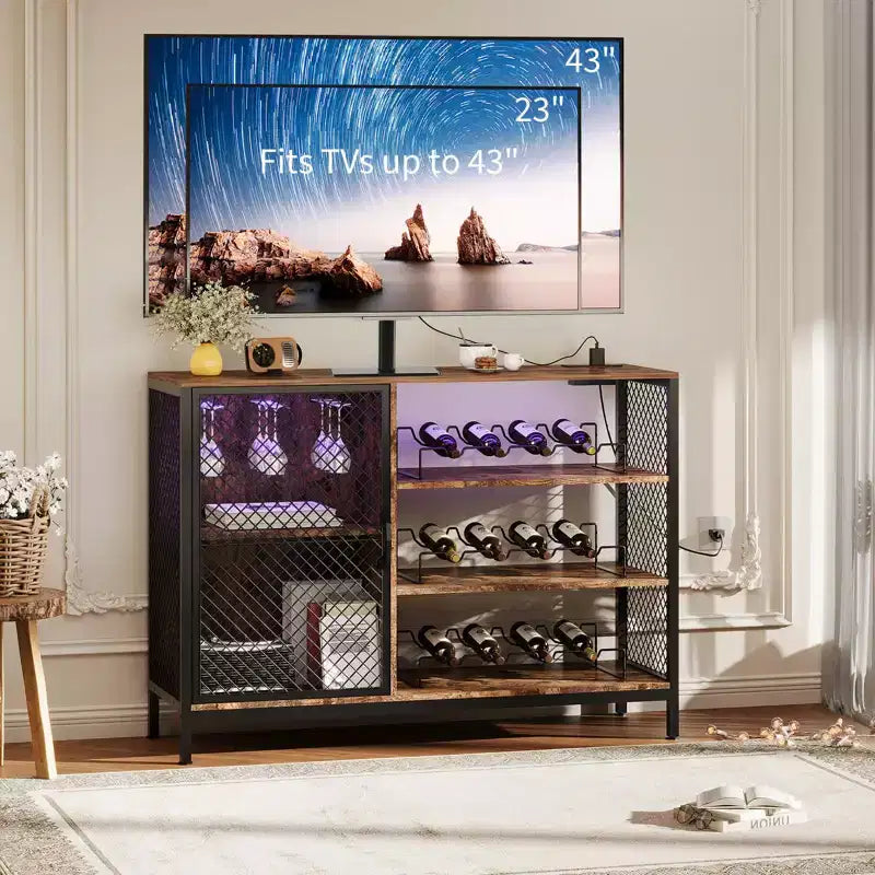 42 Industrial Coffee Bar Cabinet with LED Lights, Power Outlets & Glass Storage for Home & Dining Room
