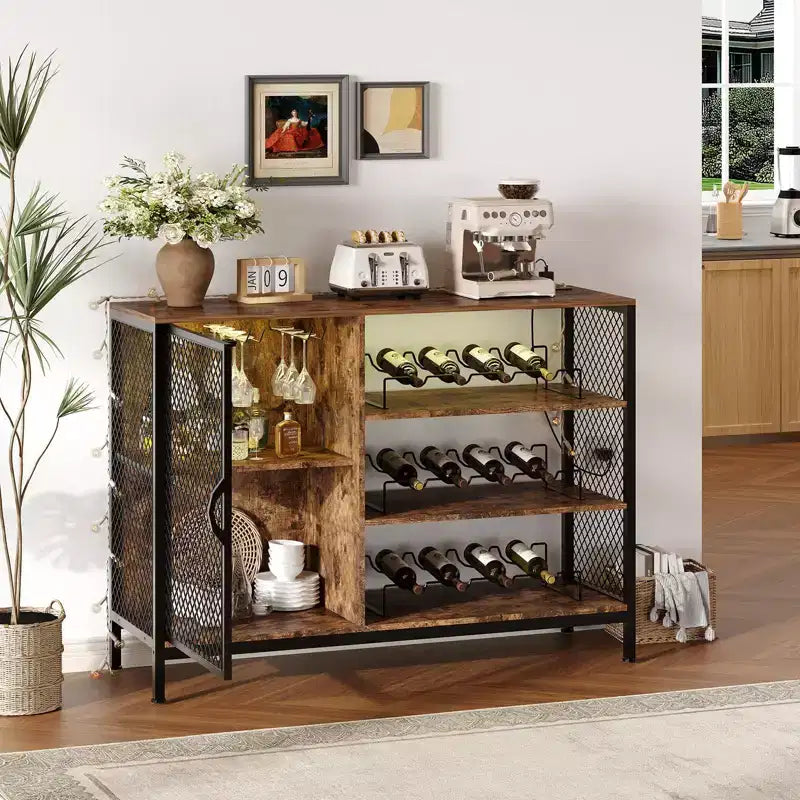42 Industrial Coffee Bar Cabinet with LED Lights, Power Outlets & Glass Storage for Home & Dining Room