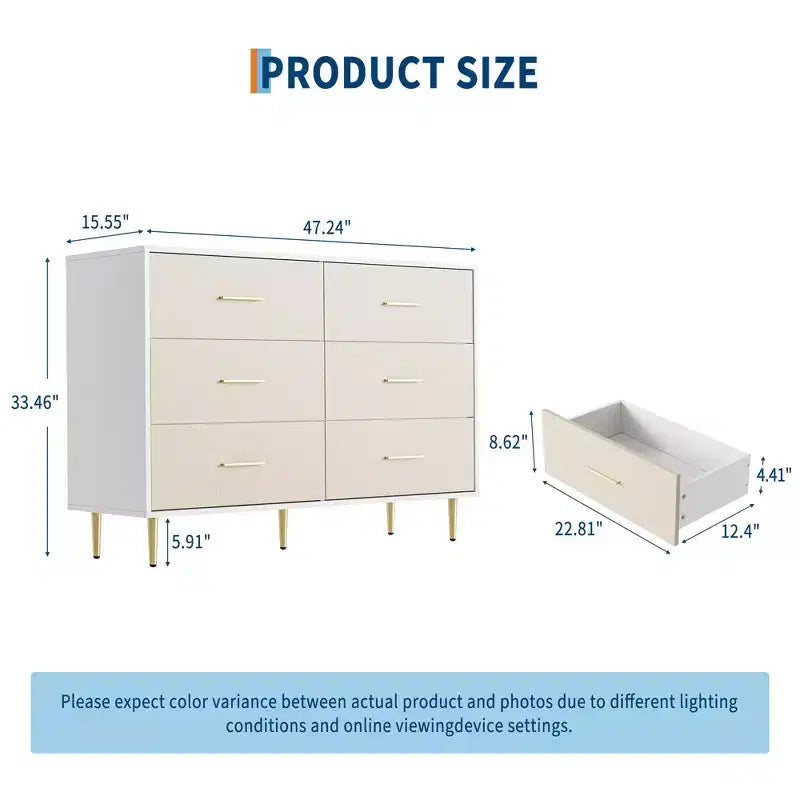Modern 6-Drawer Dresser with Gold Metal Legs | Large Wooden Storage Chest for Bedroom, Living Room & Entryway,White
