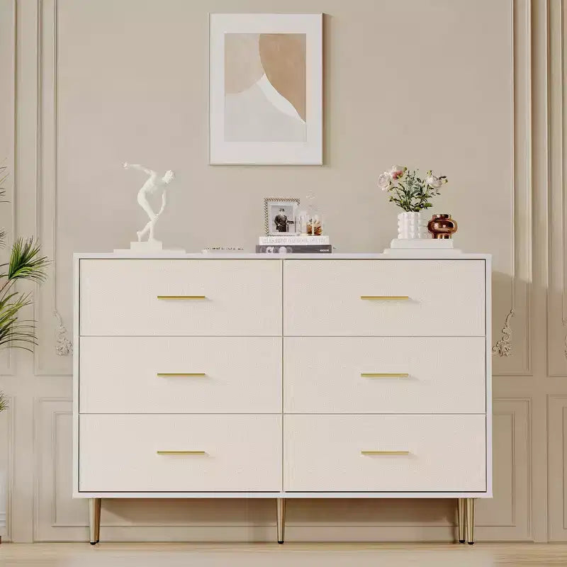 Modern 6-Drawer Dresser with Gold Metal Legs | Large Wooden Storage Chest for Bedroom, Living Room & Entryway,White