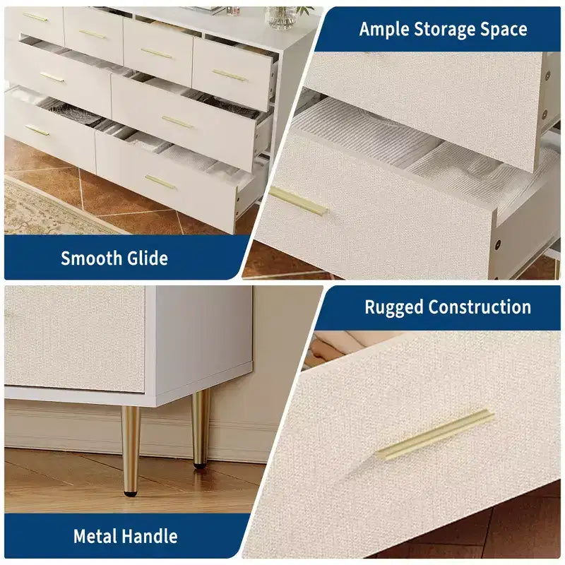 Modern 6-Drawer Dresser with Gold Metal Legs | Large Wooden Storage Chest for Bedroom, Living Room & Entryway,White