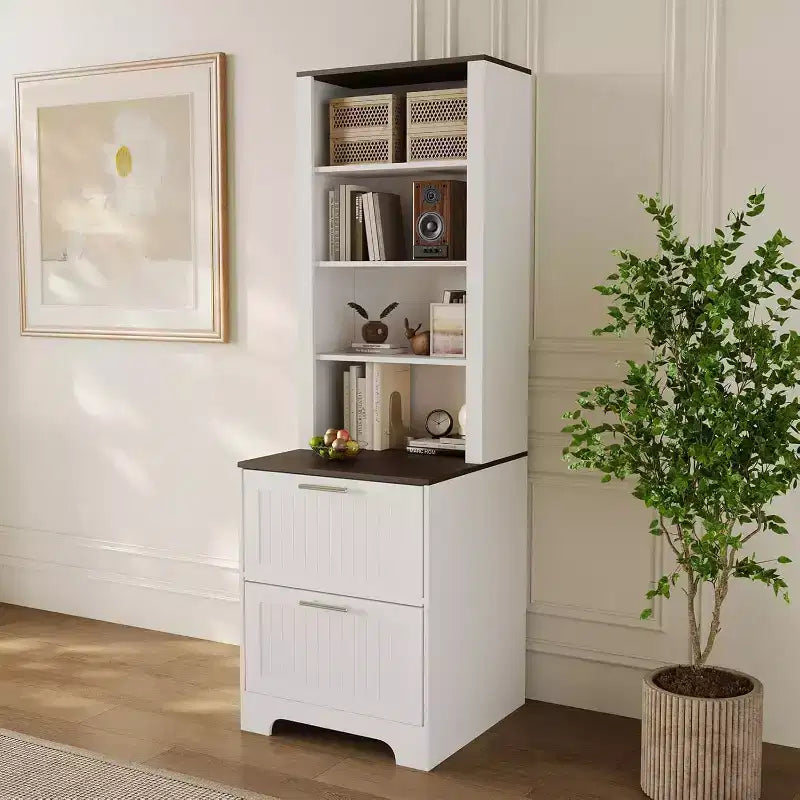 Bookcase with 2 File Drawers, 72in Tall Farmhouse Storage Cabinet Wooden Bookshelf with 2 Adjustable Shelves for Living Room Office