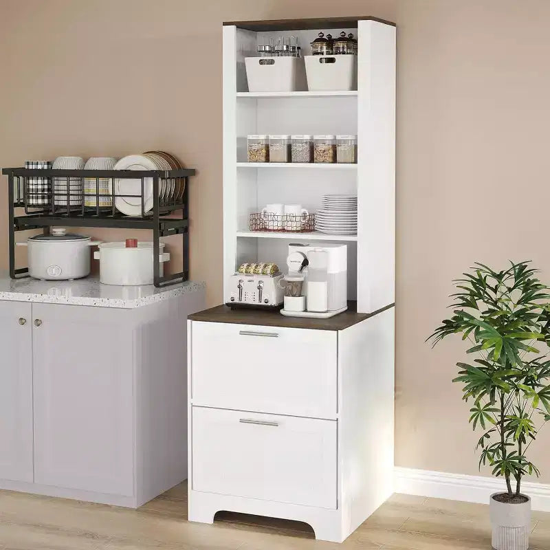 Bookcase with 2 File Drawers, 72in Tall Farmhouse Storage Cabinet Wooden Bookshelf with 2 Adjustable Shelves for Living Room Office
