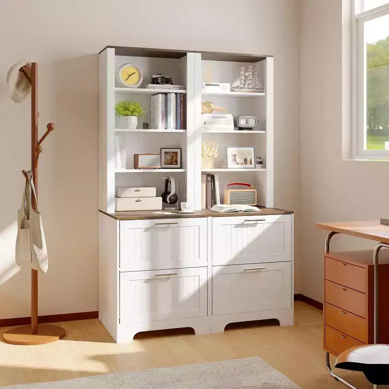 Bookcase with 2 File Drawers, 72in Tall Farmhouse Storage Cabinet Wooden Bookshelf with 2 Adjustable Shelves for Living Room Office