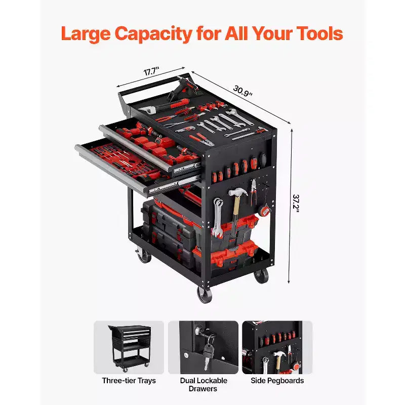 5-Tier Tool Cart with Wheels, 400 lbs Load Capacity, Rolling Work Cart with 2 Drawers & Pegboard, Mechanic Tool Storage Organizer, Black