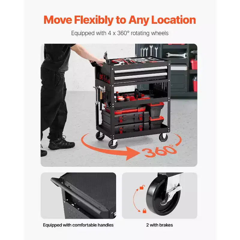 5-Tier Tool Cart with Wheels, 400 lbs Load Capacity, Rolling Work Cart with 2 Drawers & Pegboard, Mechanic Tool Storage Organizer, Black