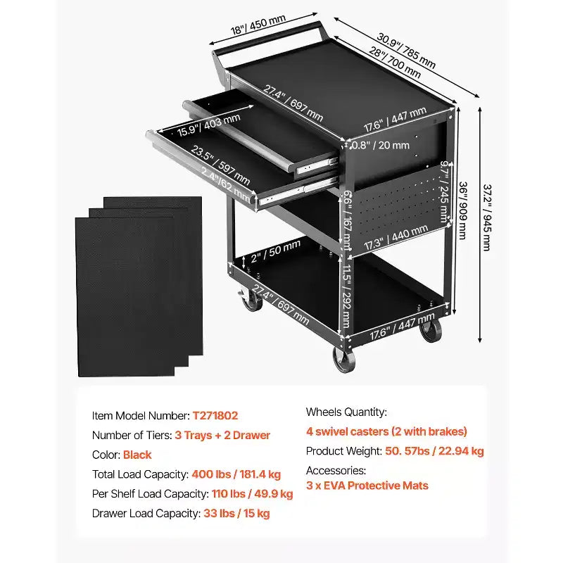 5-Tier Tool Cart with Wheels, 400 lbs Load Capacity, Rolling Work Cart with 2 Drawers & Pegboard, Mechanic Tool Storage Organizer, Black