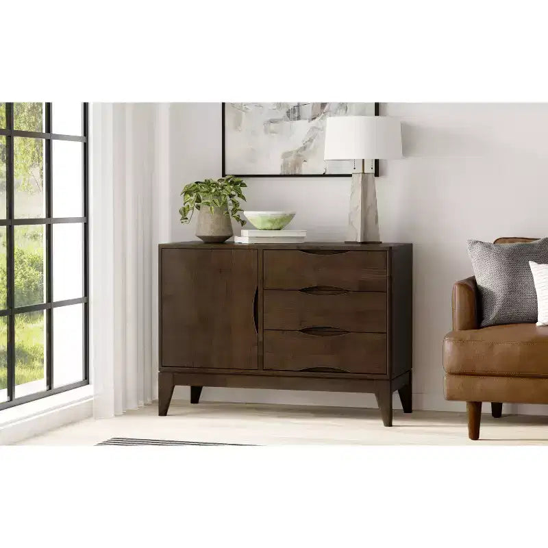 Solid Wood 42 inch Wide Mid Century Modern 3 Drawer Sideboard in Walnut Brown