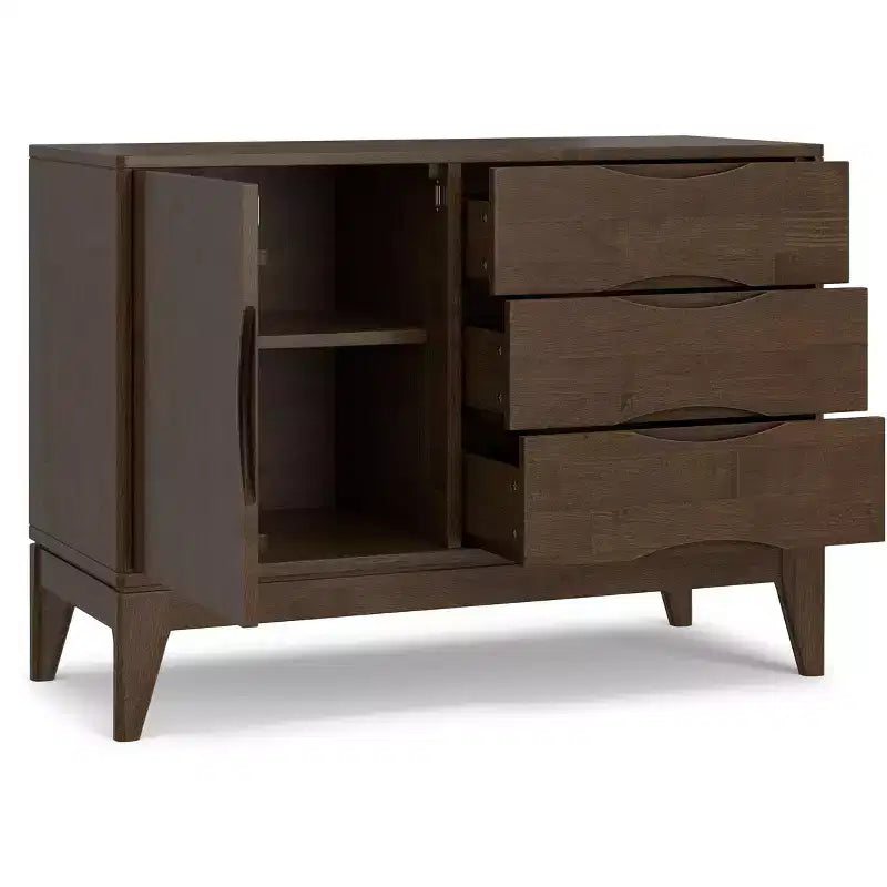 Solid Wood 42 inch Wide Mid Century Modern 3 Drawer Sideboard in Walnut Brown
