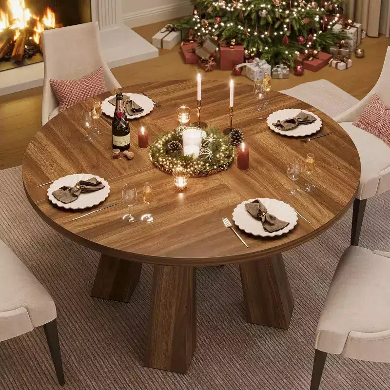 Round Dining Table for 4, Farmhouse Kitchen Table with Sturdy Base for Dining Room or Kitchen (Table Only)