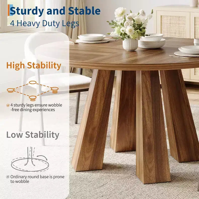 Round Dining Table for 4, Farmhouse Kitchen Table with Sturdy Base for Dining Room or Kitchen (Table Only)
